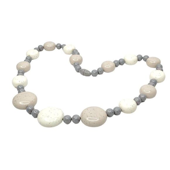 Vintage 3 Tone Grey Beige Ivory Bead Necklace Round Circle Speckled Beads 22" - Picture 1 of 4